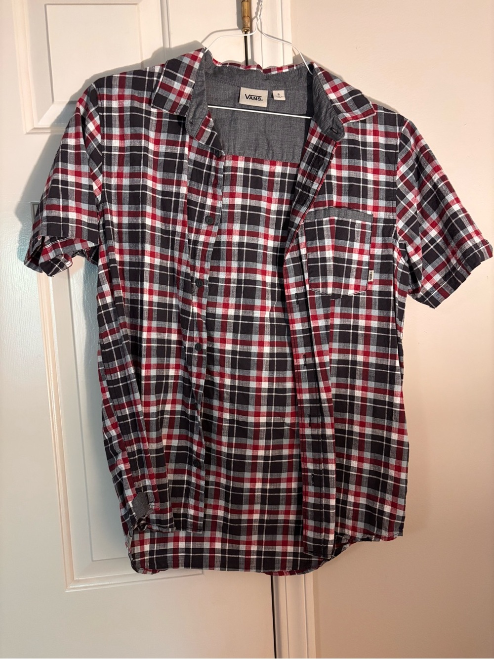 Vans Men’s Short Sleeve Plaid Button-Up Shirt - Black, Red & White
